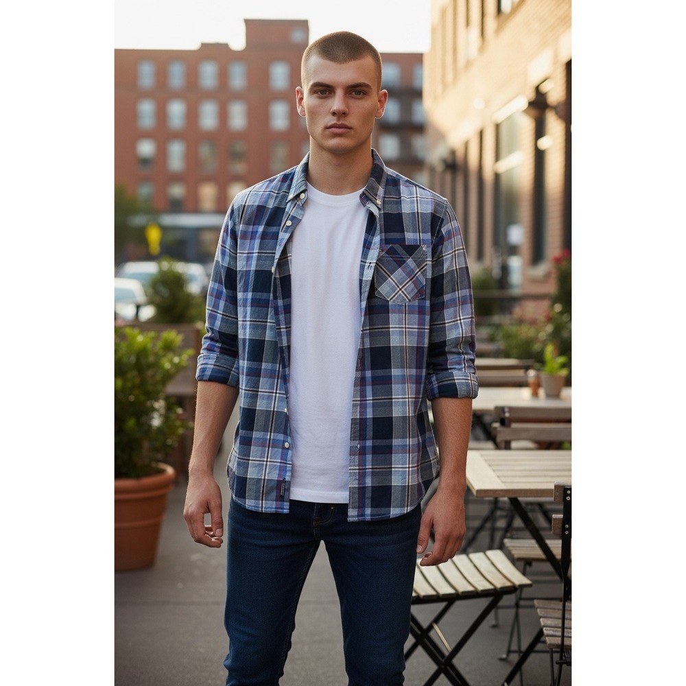 Tommy Hilfiger Boys Blue Plaid Button Down Shirt Long Sleeve Size M 12-14